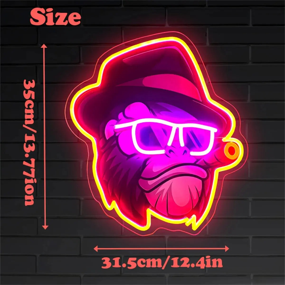 Funky Monkey with Hat Glasses Cigar Neon Sign Purple and Yellow LED Wall Art for Bar Gaming Room Man Cave Artistic Lighting Gift