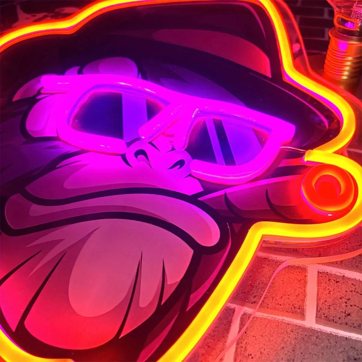 Funky Monkey with Hat Glasses Cigar Neon Sign Purple and Yellow LED Wall Art for Bar Gaming Room Man Cave Artistic Lighting Gift