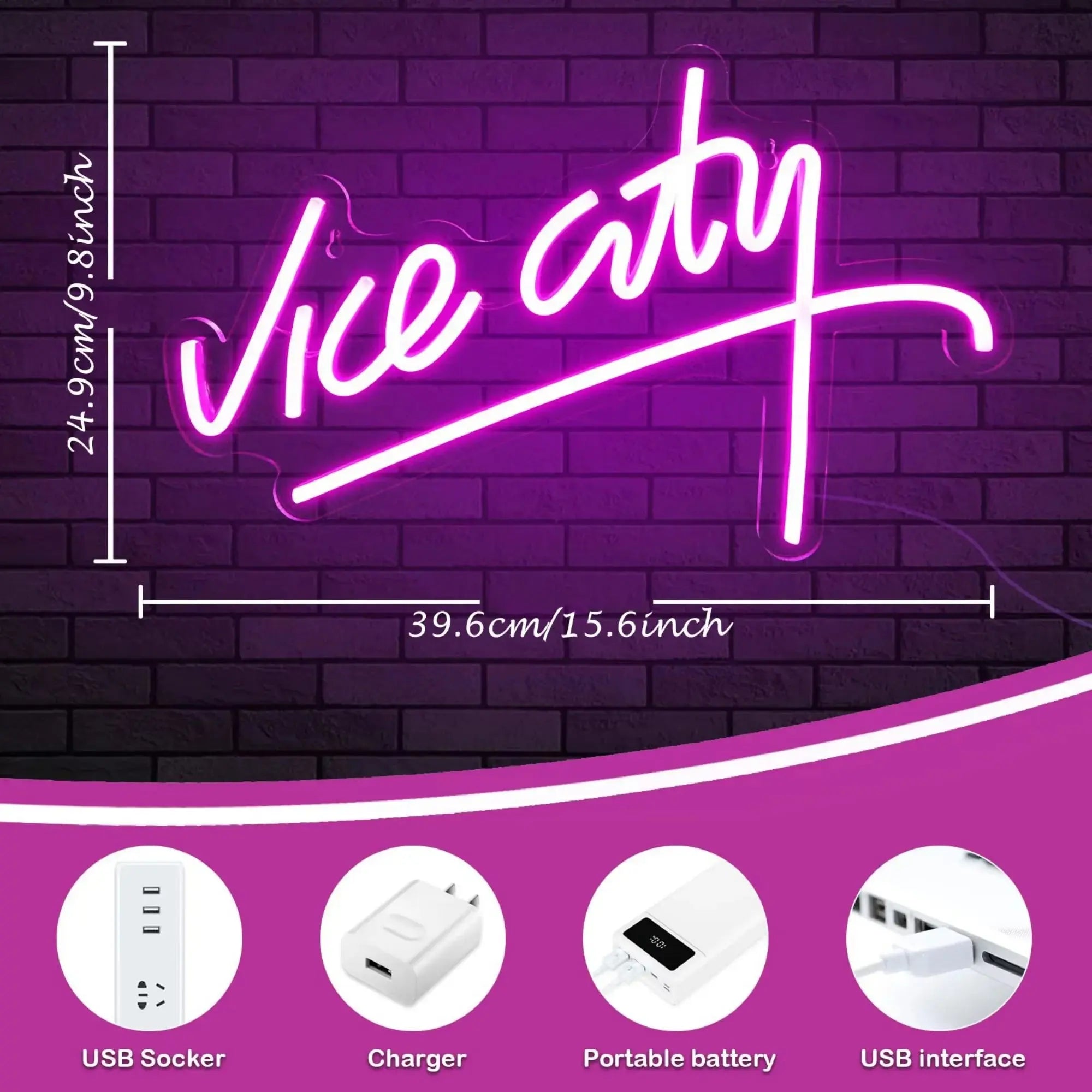 Vice City Neon Sign for Wall Decor, USB LED Neon Light, Bedroom, Kids Room, Game Room, Bar, Party Decor, Man Cave Home Artwork