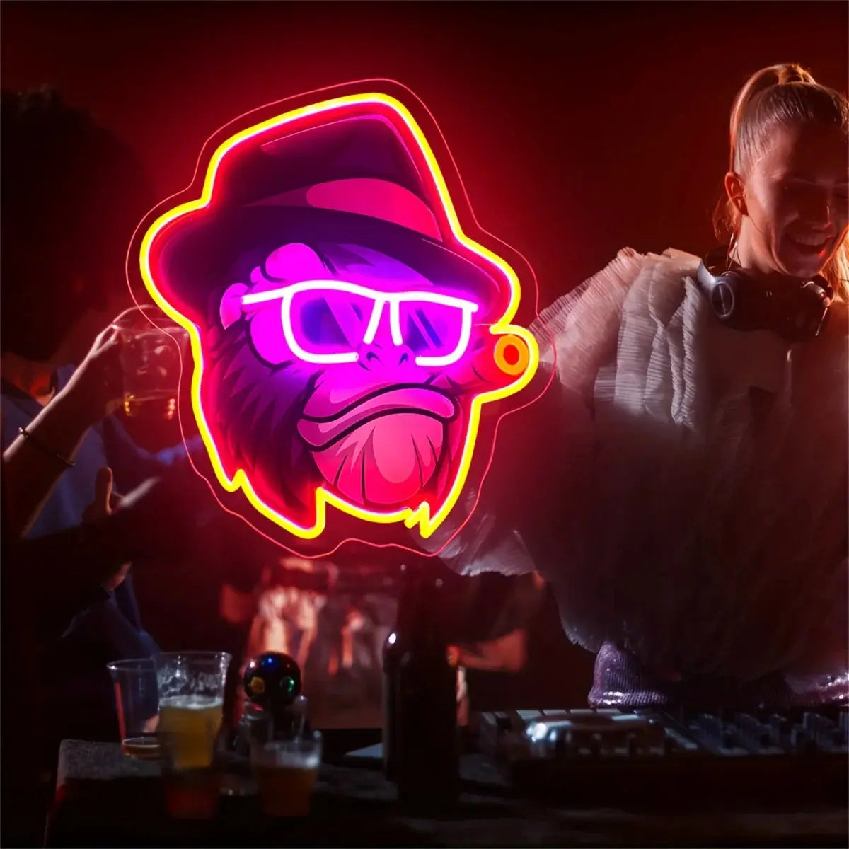 Funky Monkey with Hat Glasses Cigar Neon Sign Purple and Yellow LED Wall Art for Bar Gaming Room Man Cave Artistic Lighting Gift