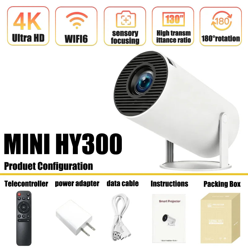 Home Theater Portable Projector 2025 MINI HY300 4K Ultra HD 300ANSI Android 11 BT54 with Electronic Focus and Built in Speaker